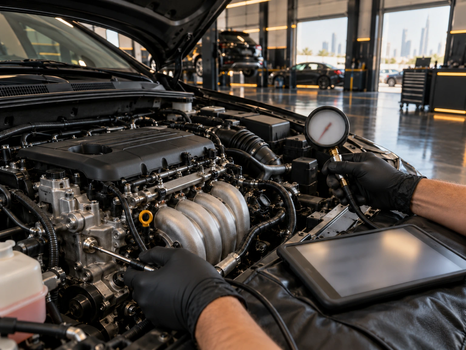 Four cylinder engine oil pressure and noise inspection