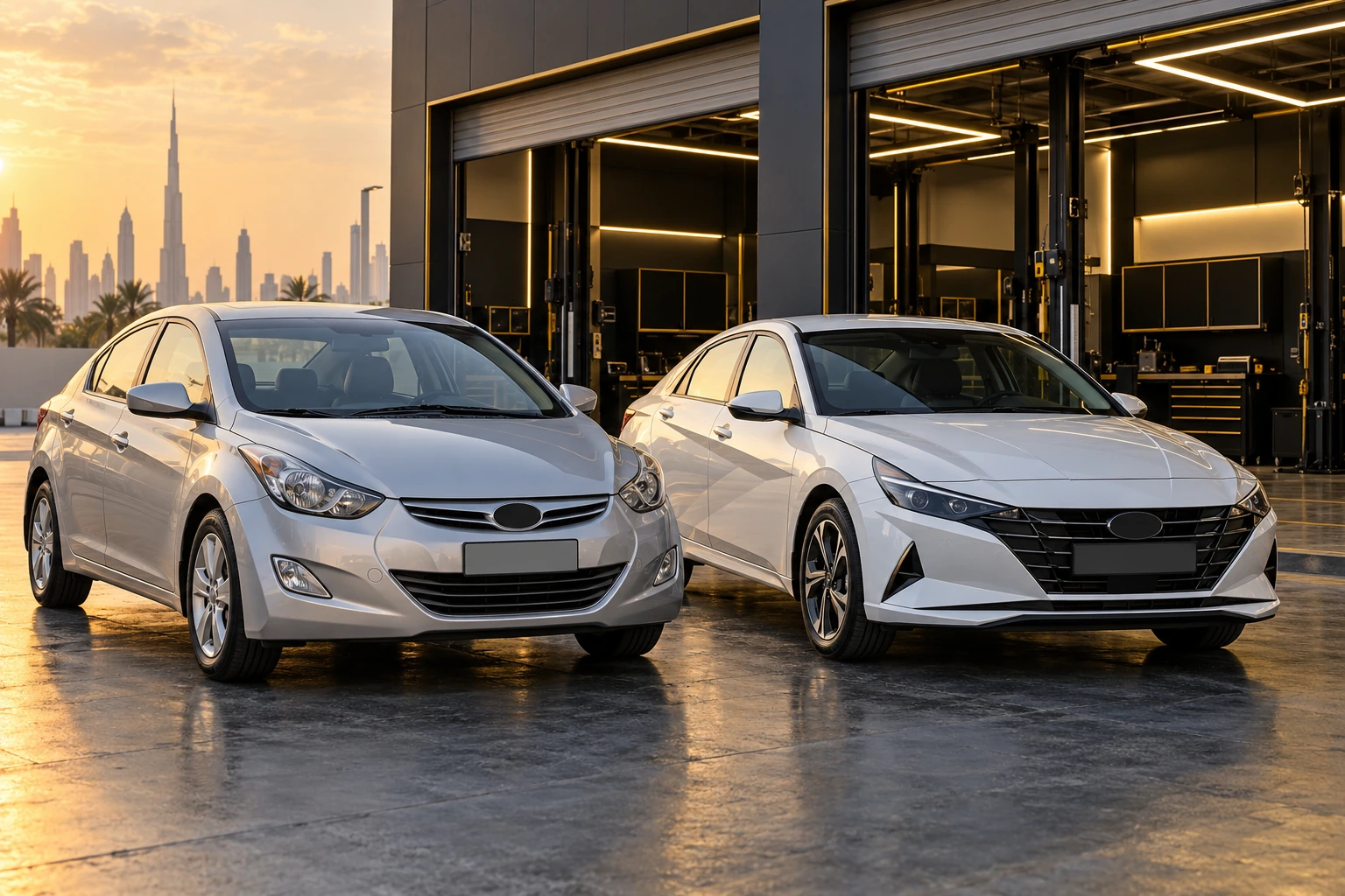 Older and newer compact Hyundai style sedans outside a workshop