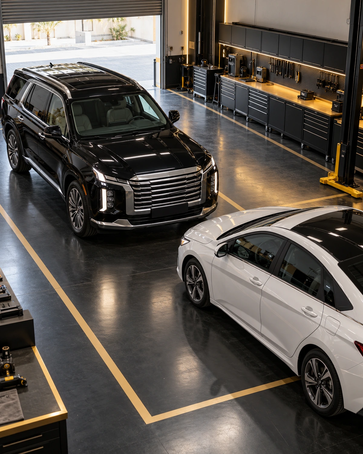 Three row SUV and compact sedan inside a Dubai workshop