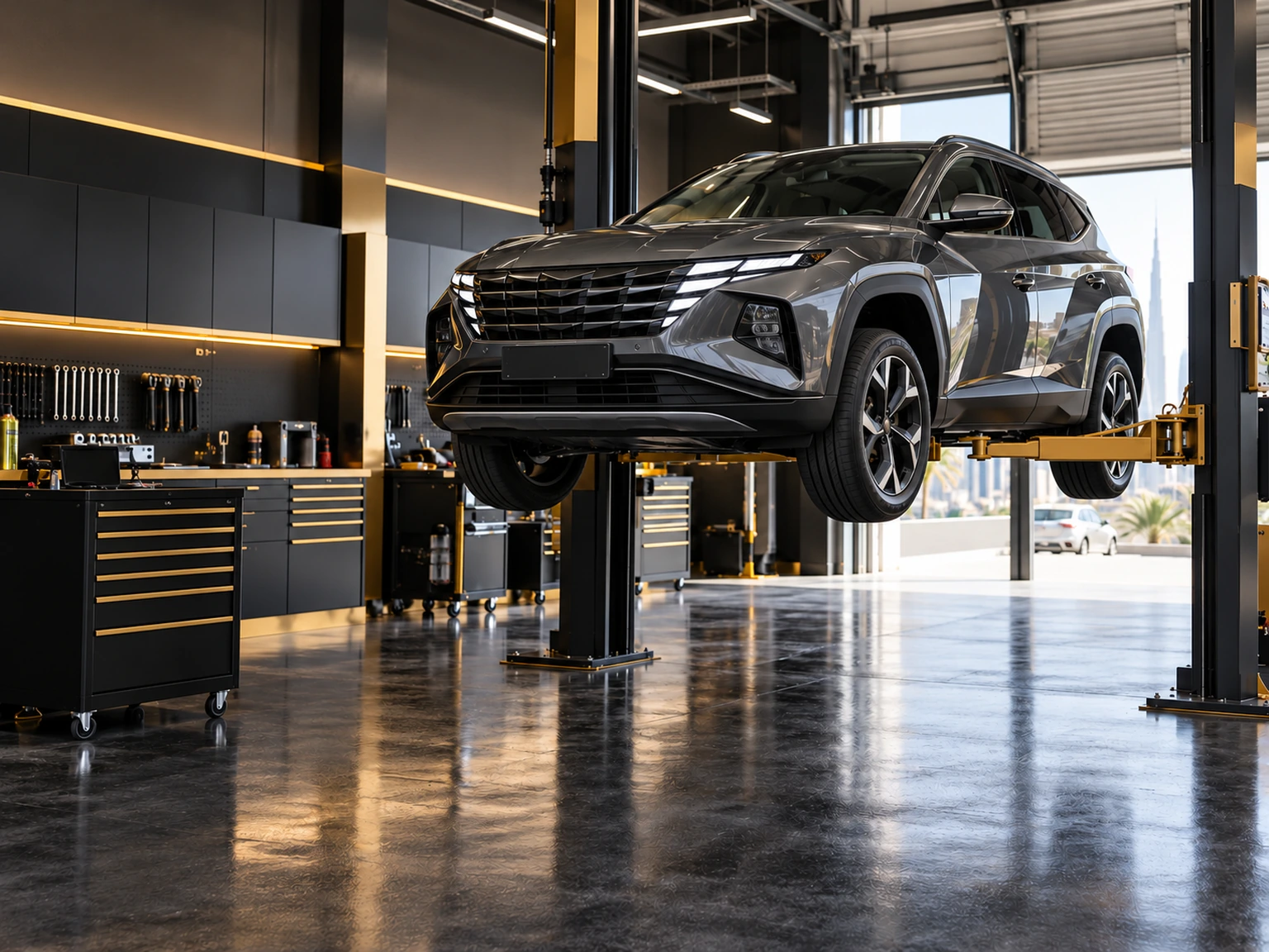 Hyundai Tucson style SUV on a two post workshop lift