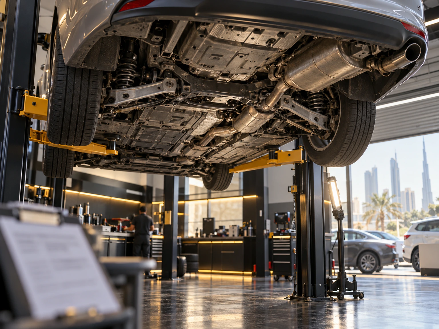 Hyundai sedan suspension and exhaust inspection