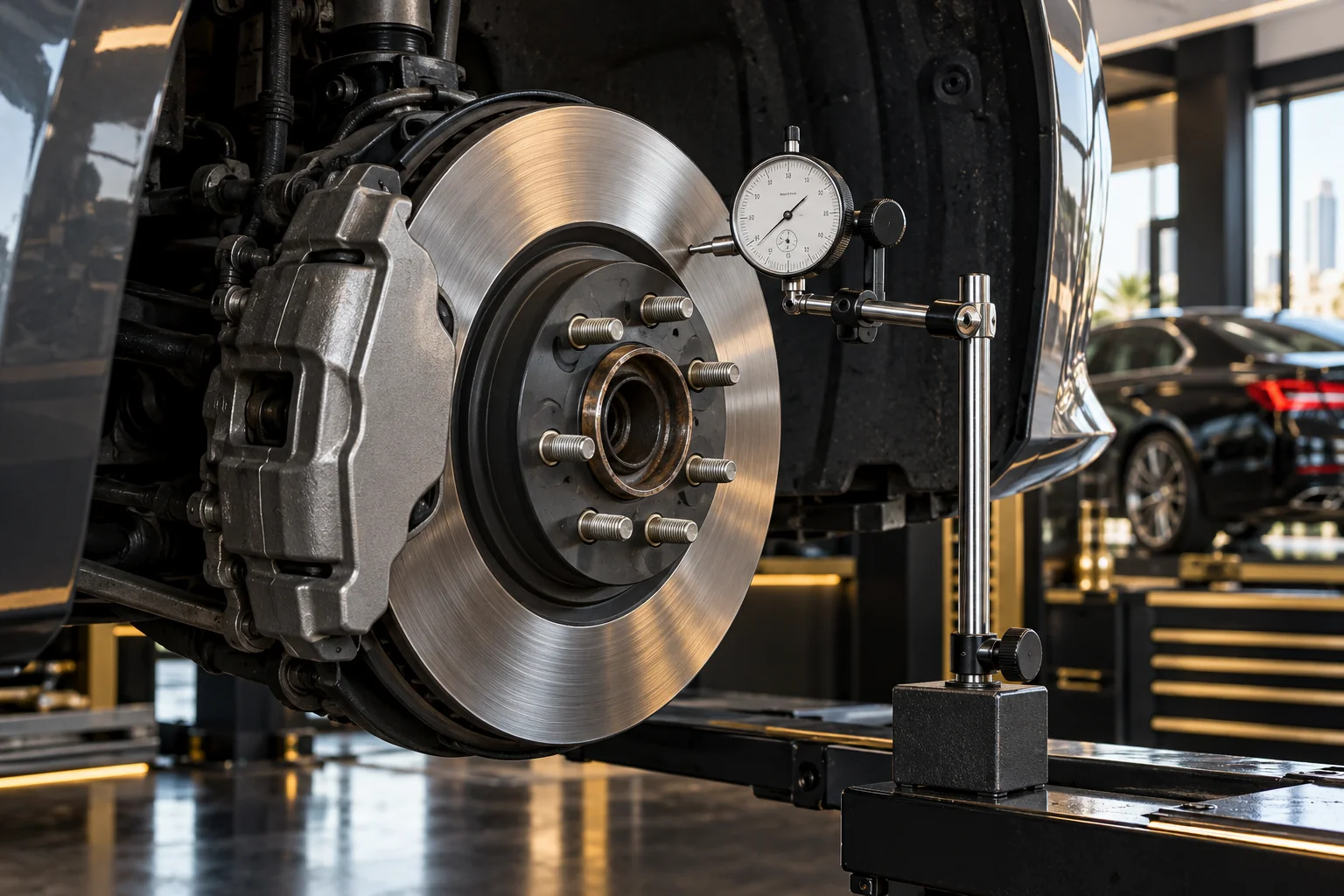 front hub of a luxury sedan with the wheel removed, a dial gauge measuring disc runout, macro detail