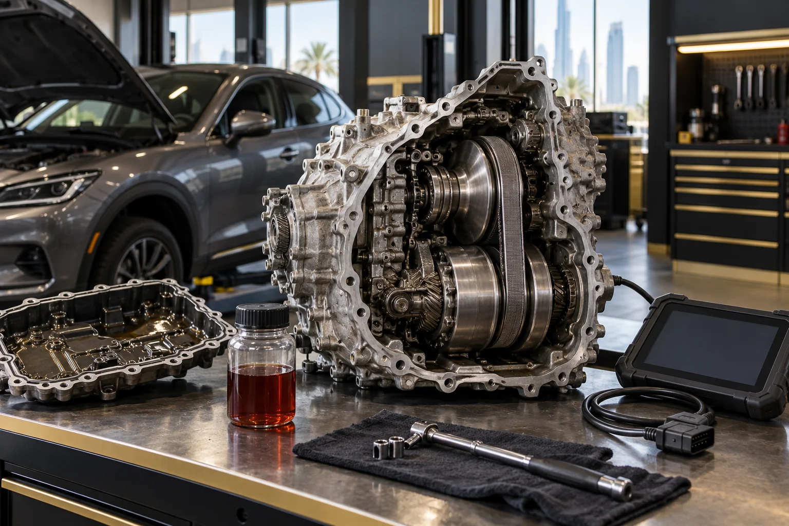 a CVT gearbox on a bench with the side cover off, a fluid sample jar and a scan tool cable
