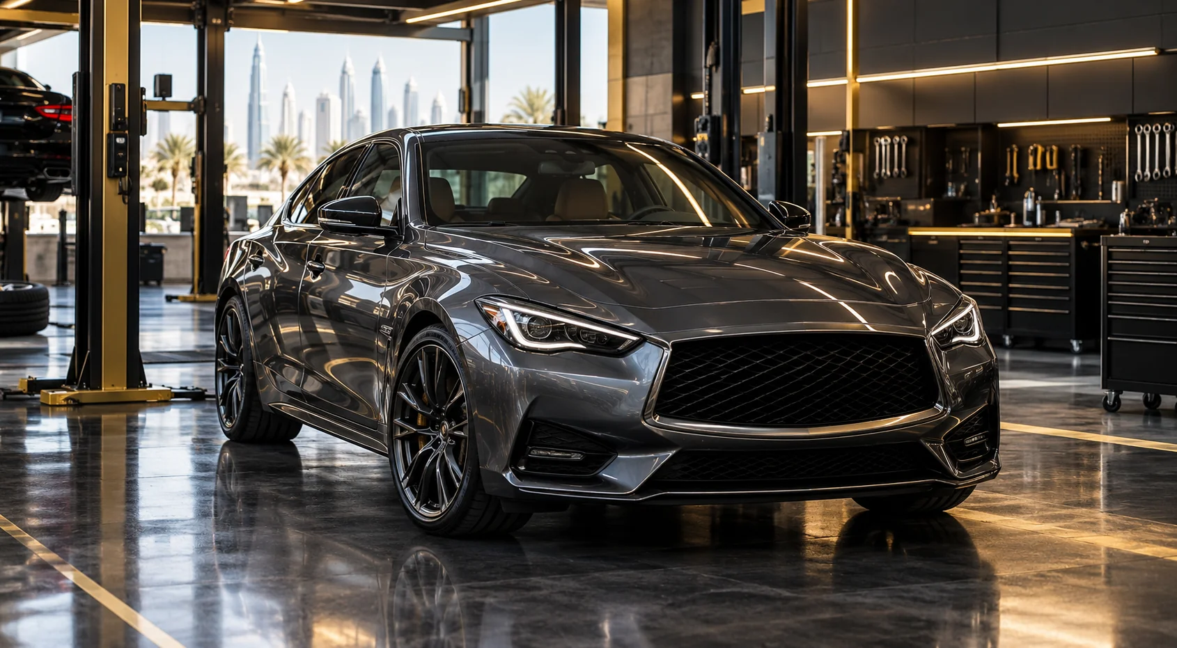 a dark grey modern luxury sports sedan with flowing curves at a three quarter front angle in the bay, gold accent lighting