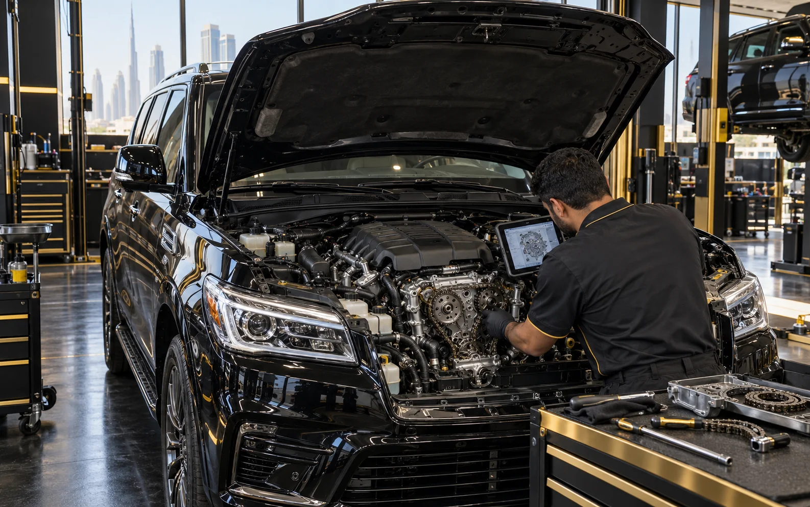 a large luxury full size SUV with the bonnet open showing a 5.6 V8, gloved hands checking the timing cover area with a diagnostic tablet