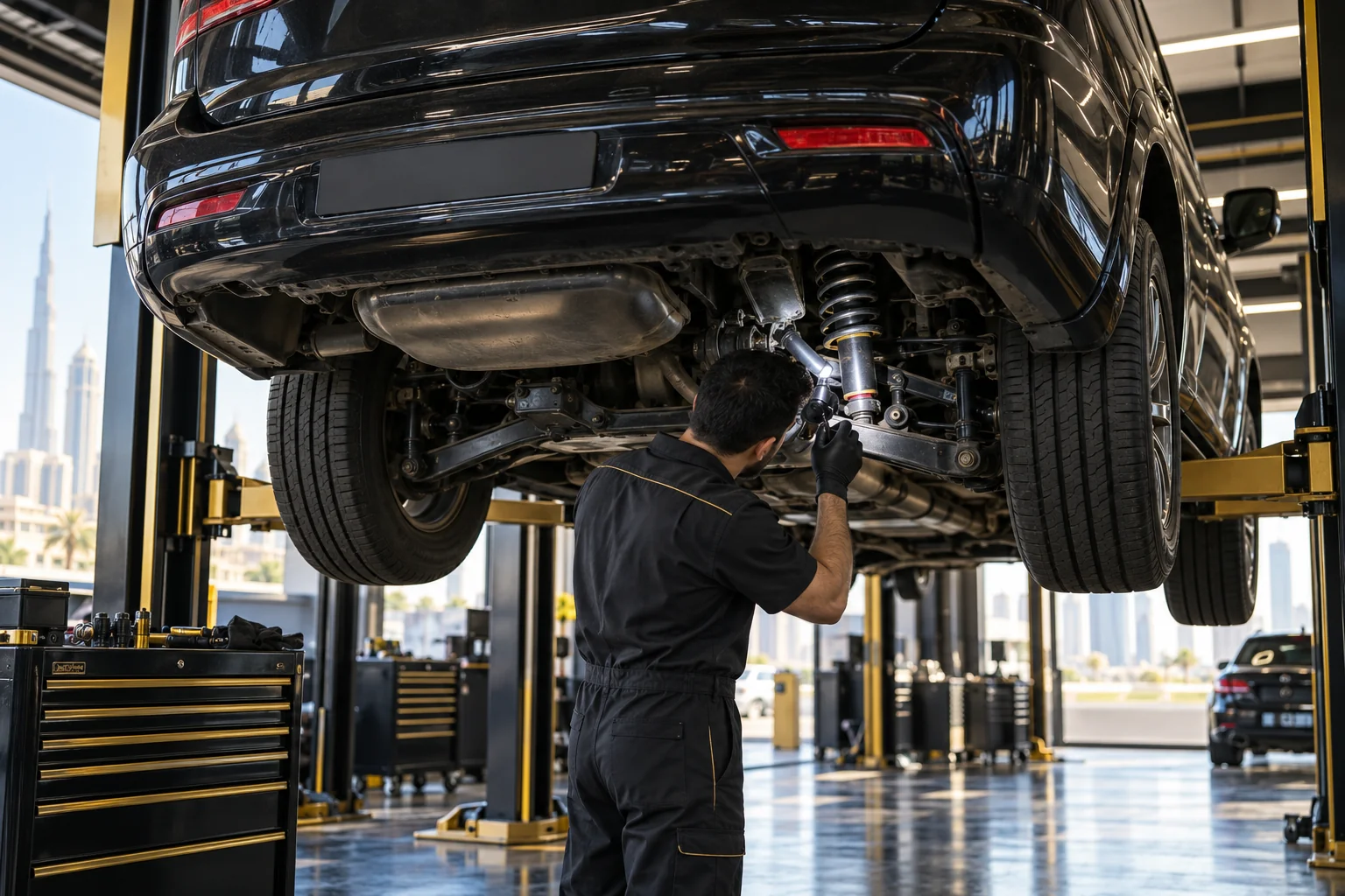 a large luxury SUV on a lift, a technician inspecting rear shock absorbers for oil leaks with a torch