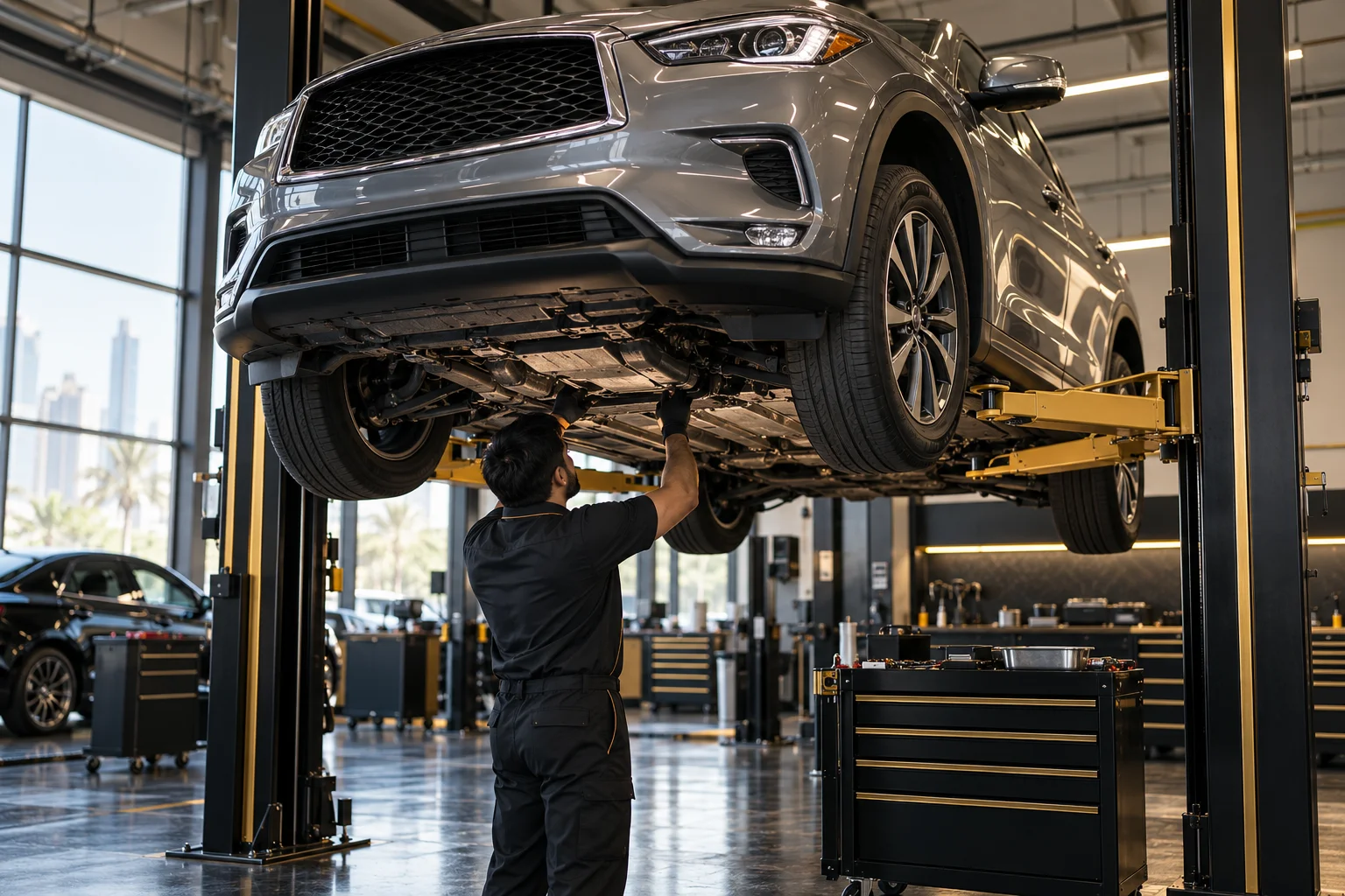 a mid size luxury crossover on a two post lift, a technician checking the underbody and gearbox area before purchase