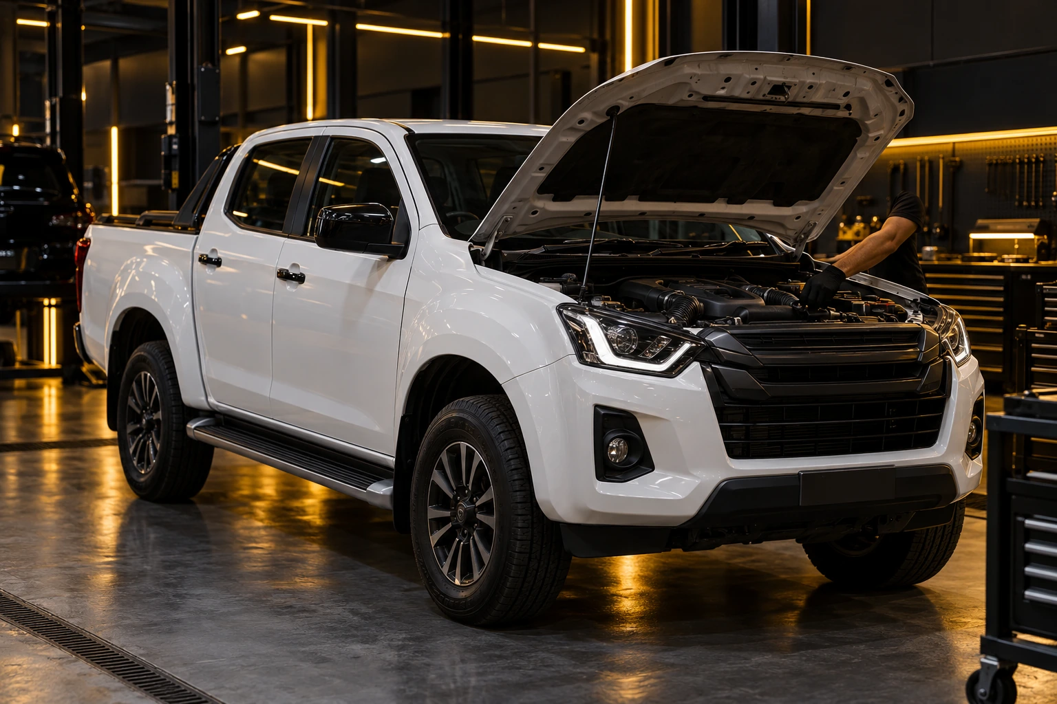 White Isuzu D-Max engine inspection in a Dubai workshop