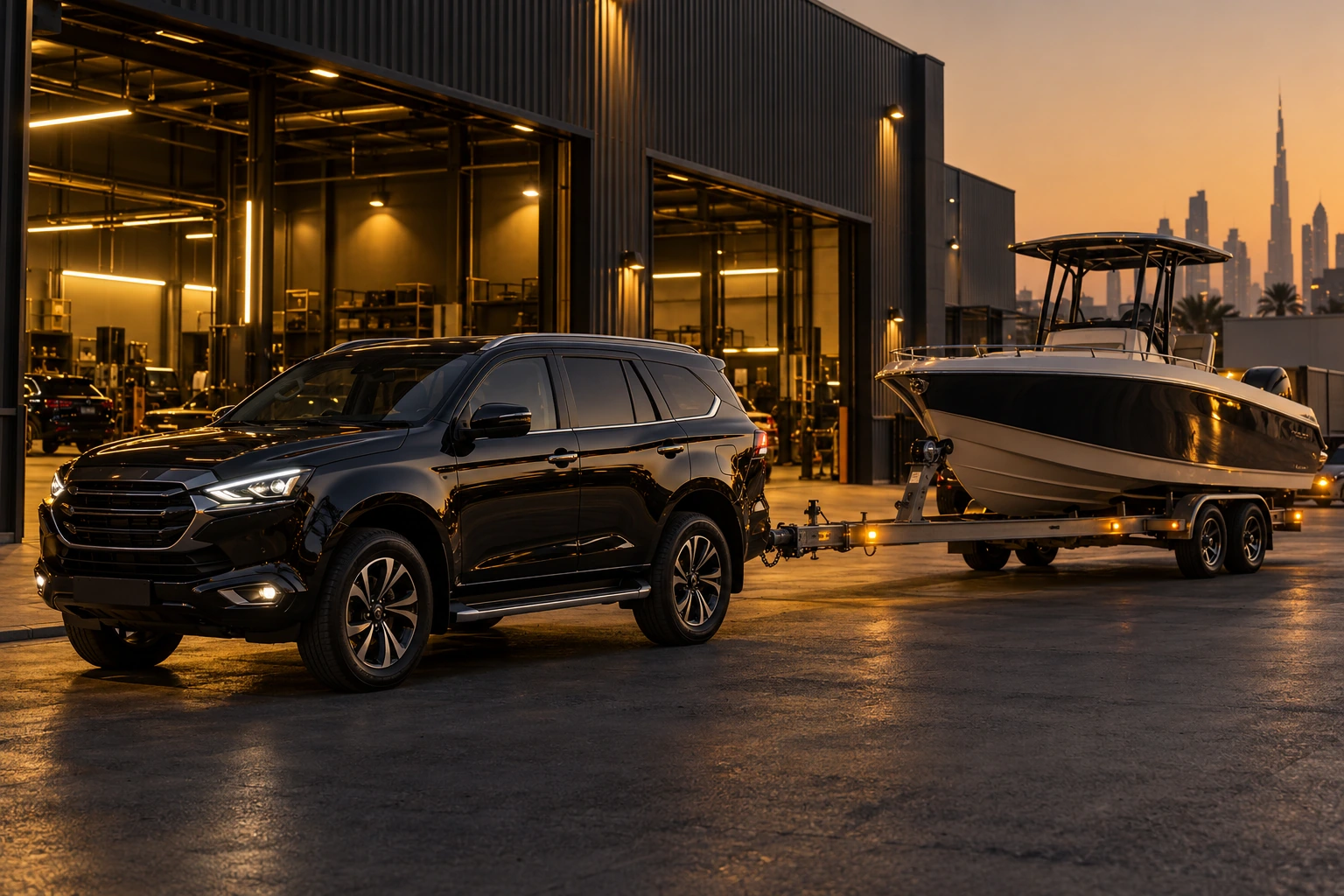 Isuzu MU-X with a boat trailer outside the workshop