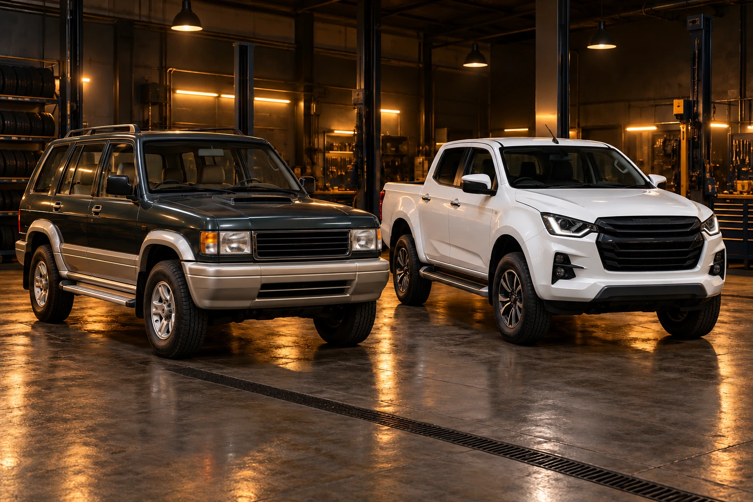 Older Isuzu Trooper and new D-Max in a Dubai workshop