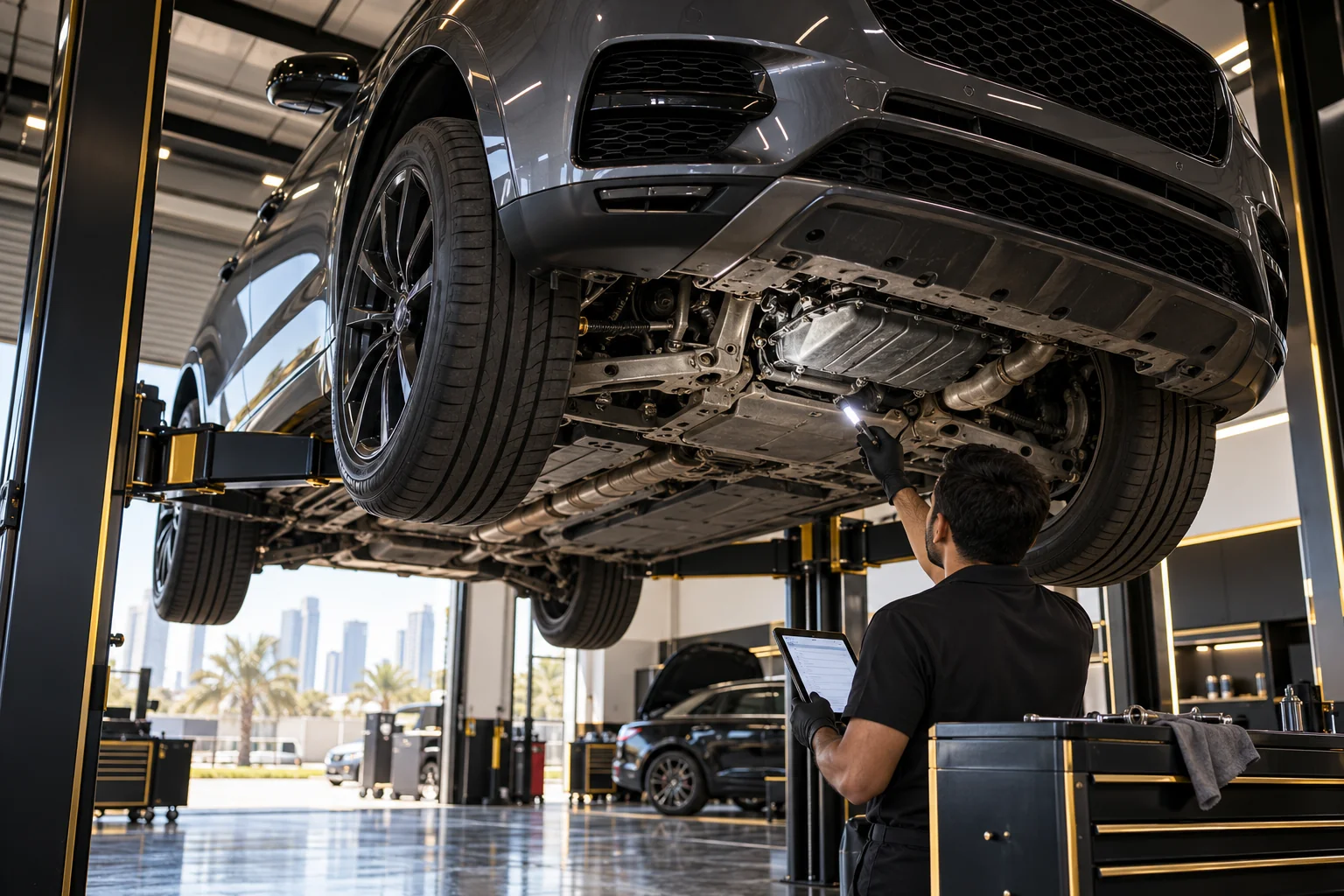a modern luxury SUV on a two post lift seen from below at an angle, a gloved hand holding a torch on the underbody and oil pan, a tablet with a blank checklist screen nearby
