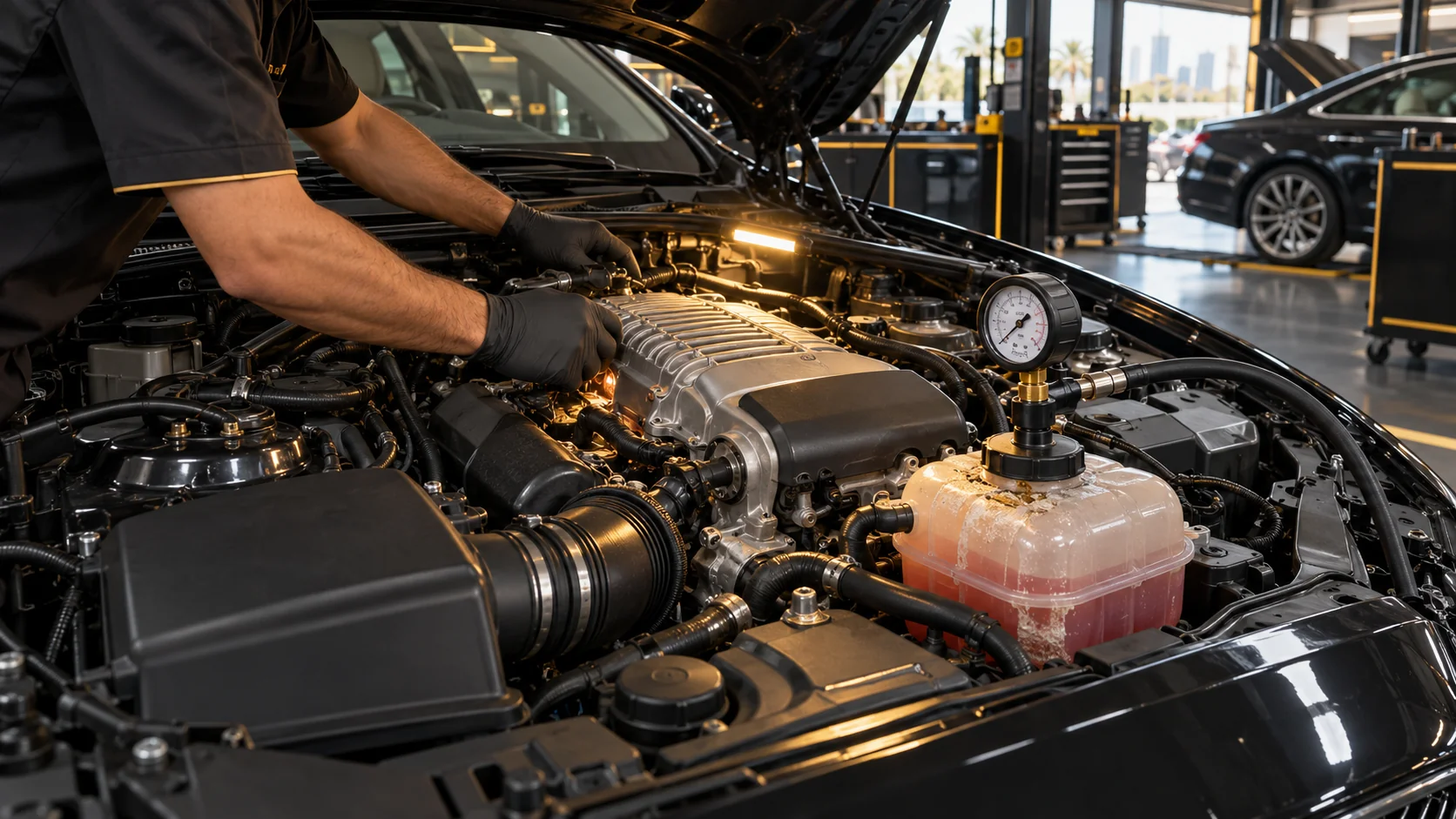 open engine bay of a modern luxury saloon with a supercharged V6, a coolant pressure tester on the expansion tank, gloved hands checking under the supercharger, faint dried coolant residue, warm work light