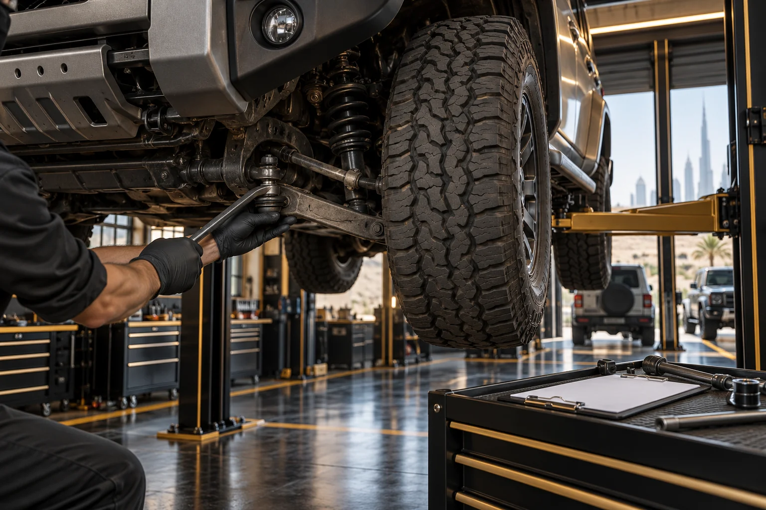 a large modern SUV on a two post lift seen low at the front corner, a gloved hand checking a tie rod end and ball joint for play with a pry bar, blank clipboard on a black tool cart