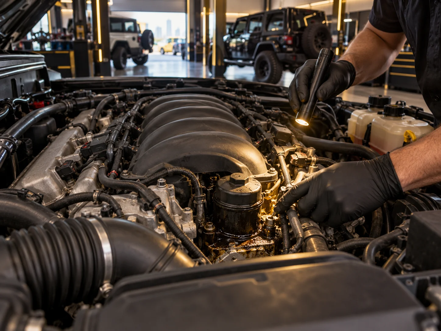 close up of an open 4x4 engine bay with a V6, gloved hands with a torch checking an oily area around the plastic oil filter housing in the engine valley, warm light