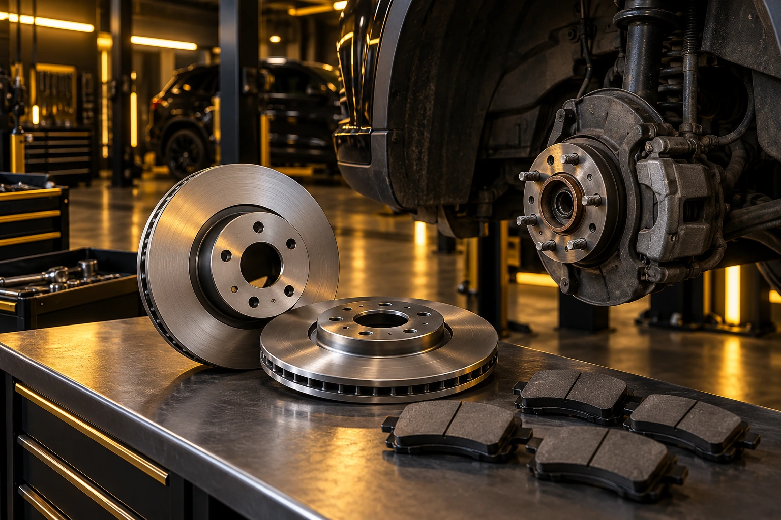 New brake discs and pads beside an SUV wheel hub