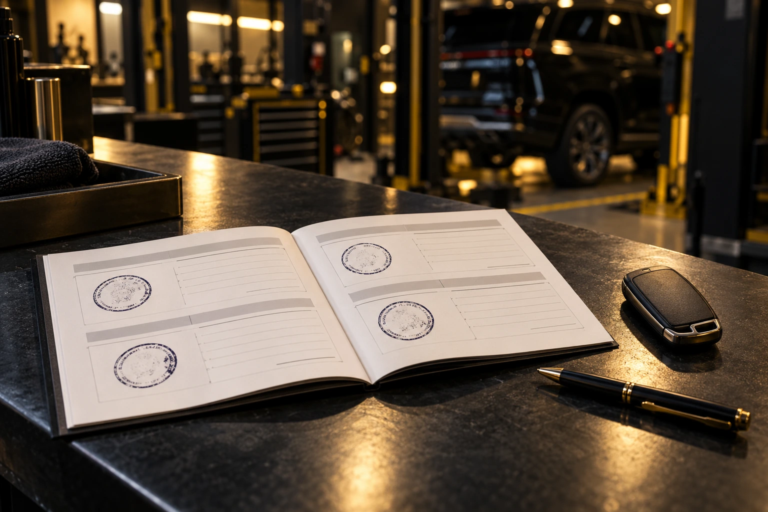 Service booklet with stamps and key fob on a workshop counter