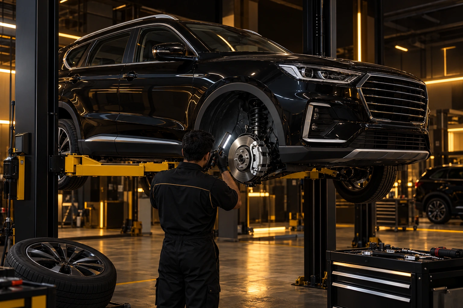Jetour X70 brake and tyre inspection on a lift