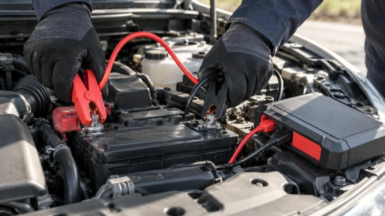 Technician connecting a portable jump starter to a car battery in daylight