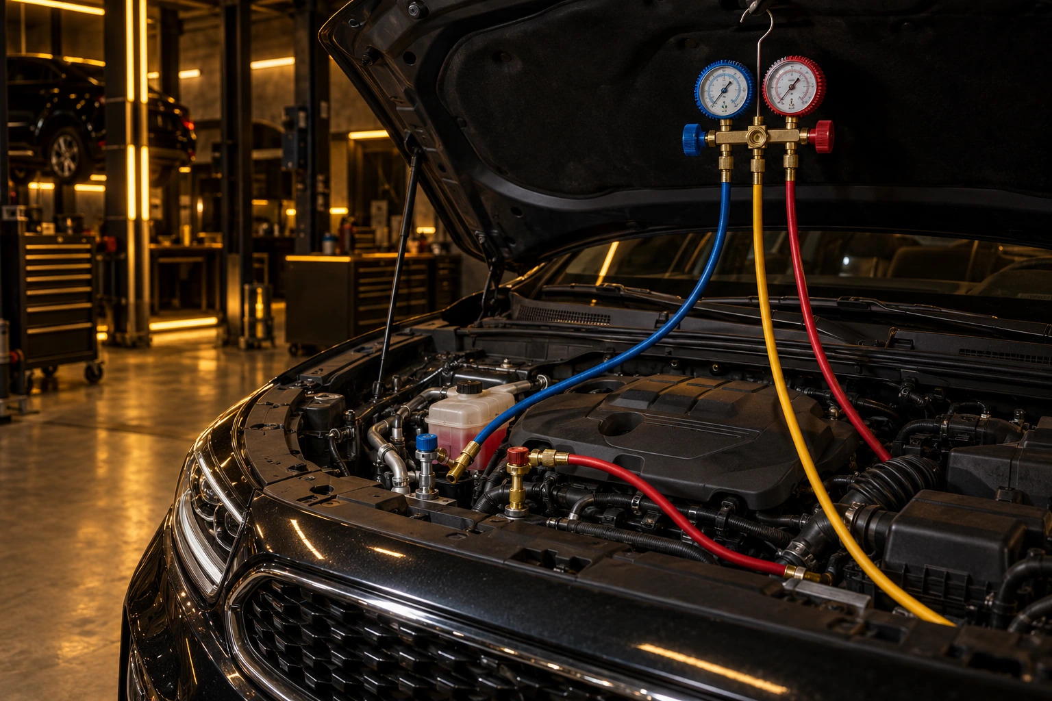 AC manifold gauges connected under a Kia bonnet