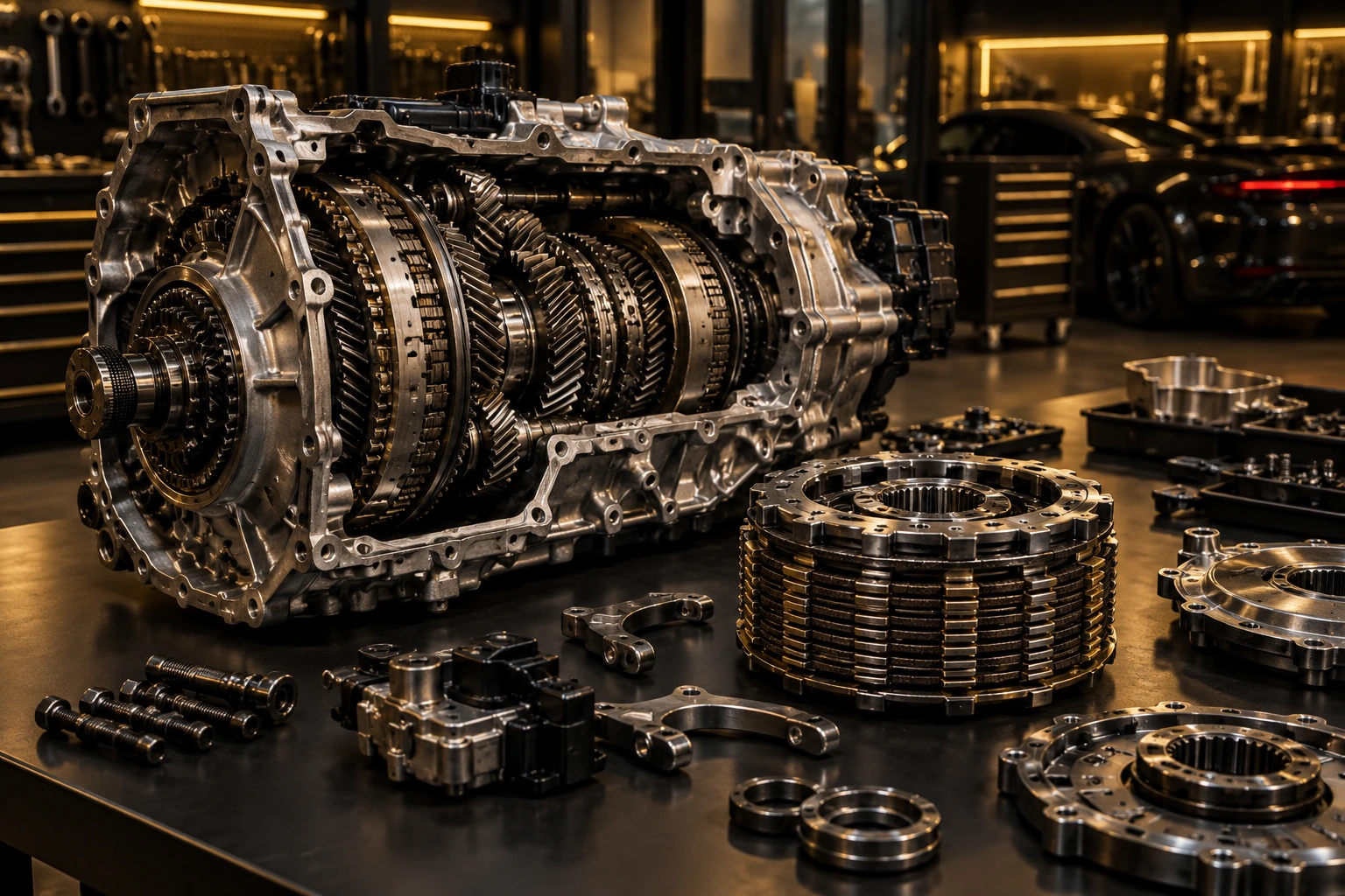 Dual clutch gearbox and clutch pack on a workshop bench