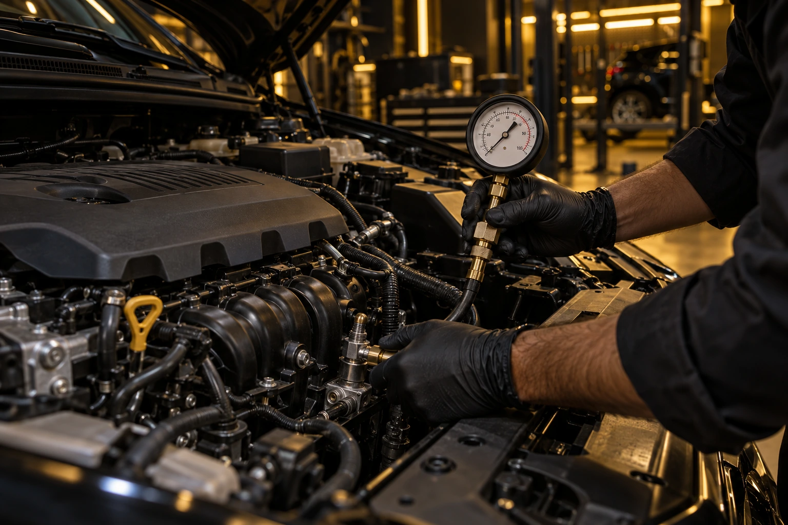 Technician fitting an oil pressure gauge to a Kia engine