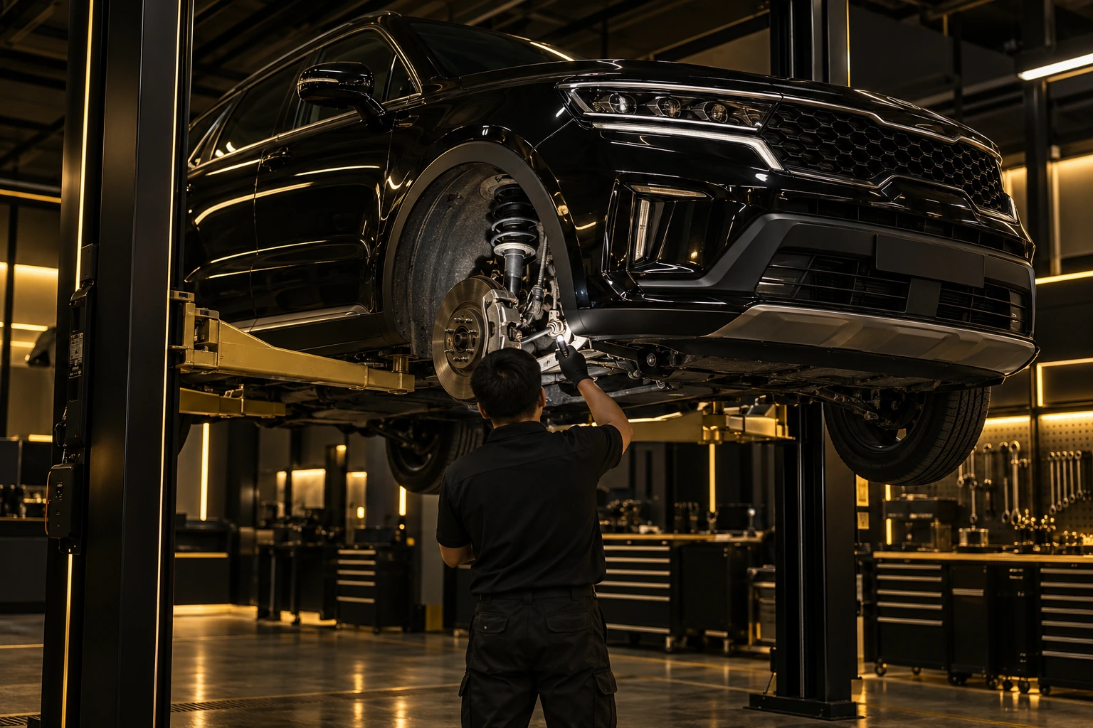 Technician inspecting Kia SUV suspension on a lift
