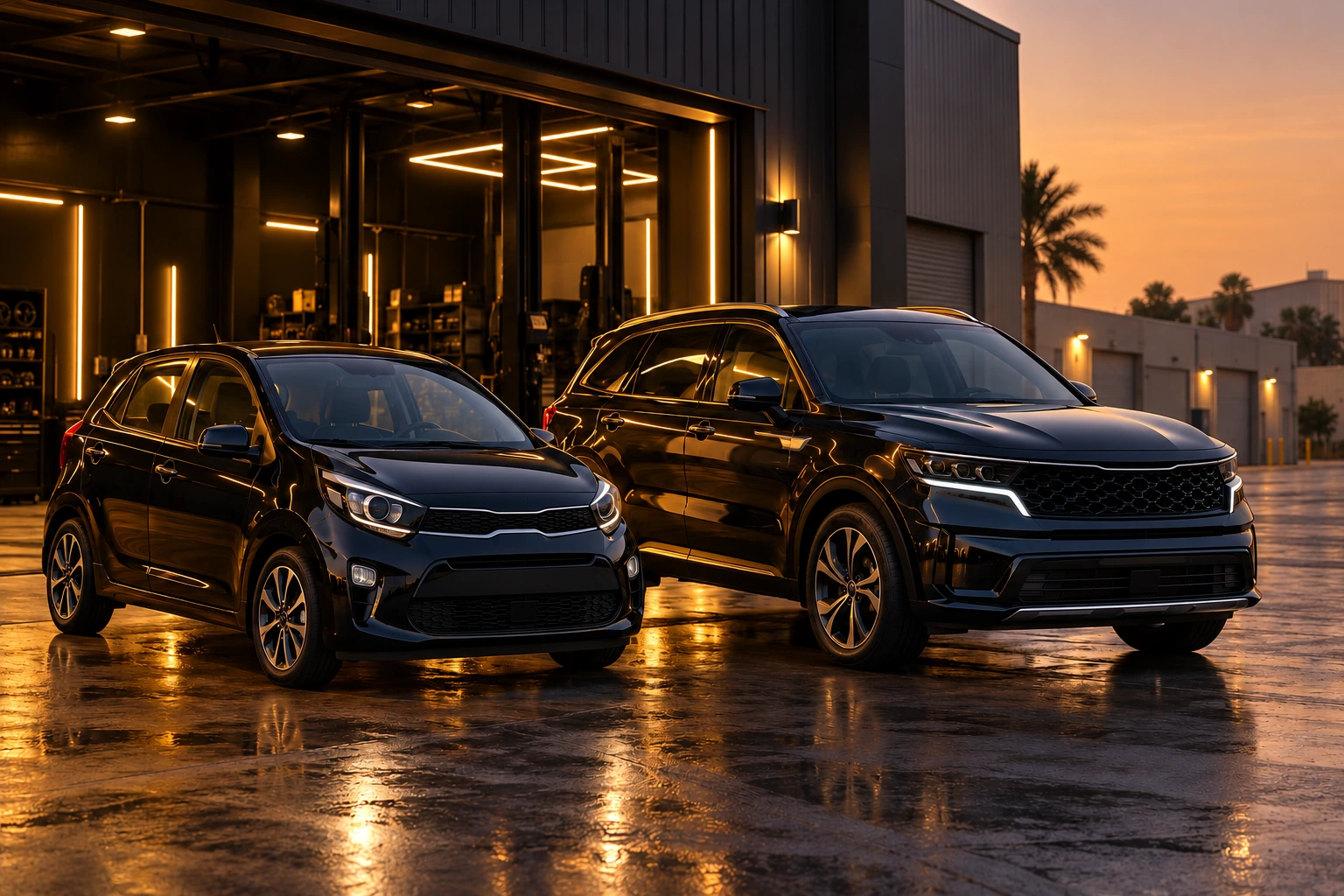 Kia Picanto and Sorento parked outside a workshop