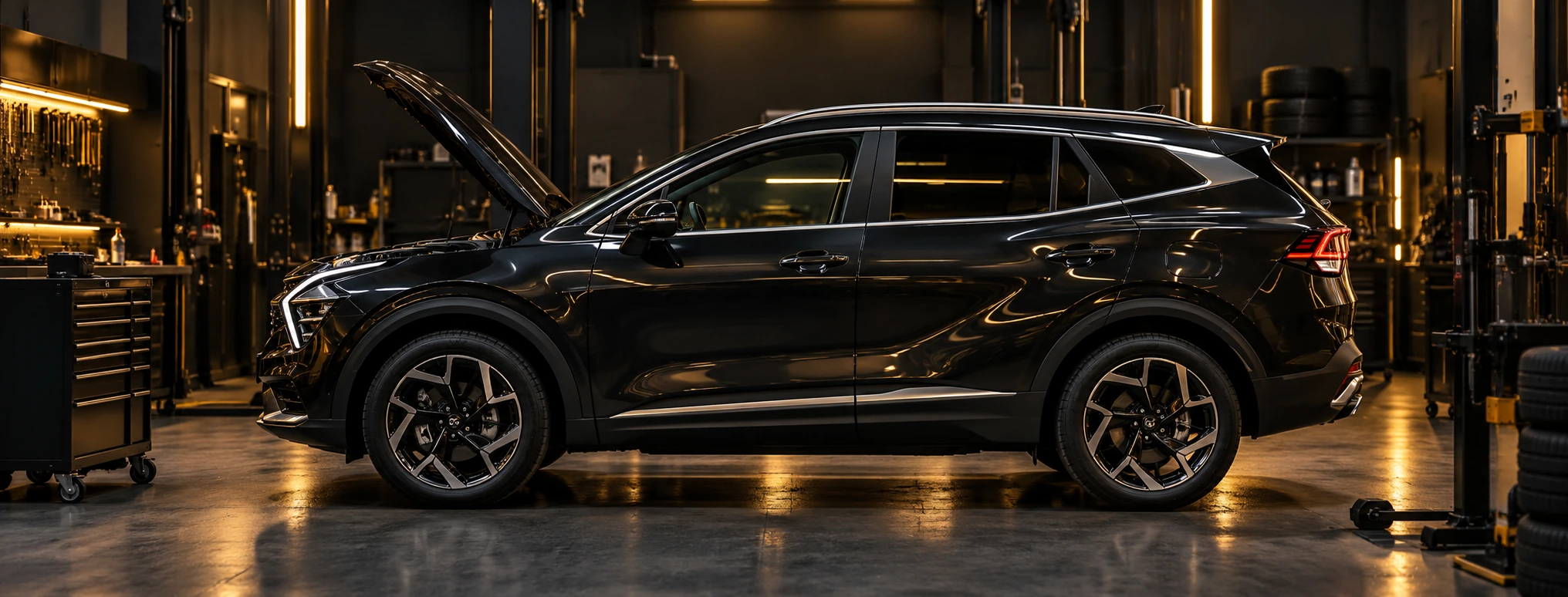 Kia Sportage with bonnet open in a dark workshop bay