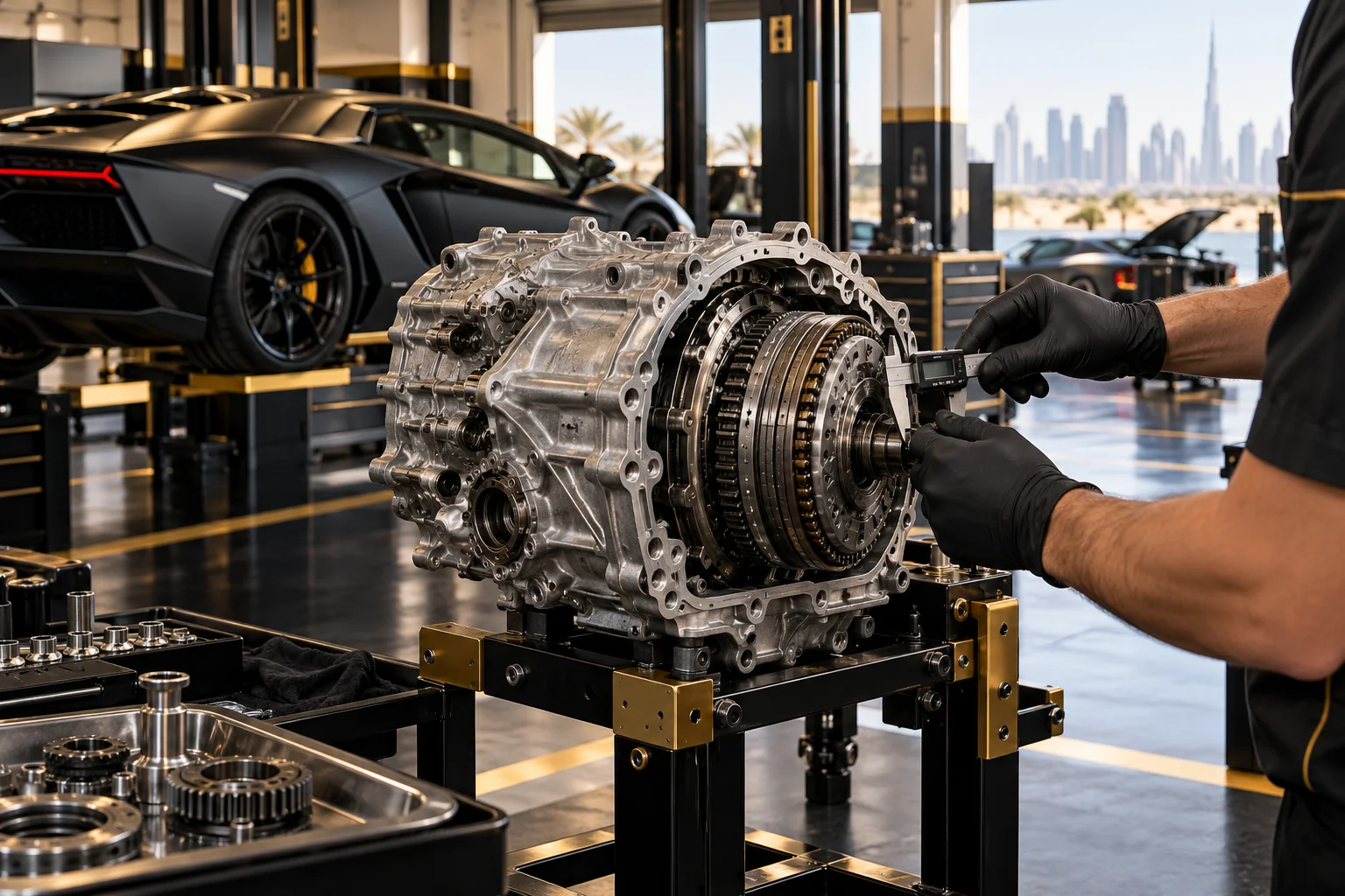 a compact 7 speed dual clutch gearbox on a transmission stand with the clutch pack visible, gloved hands holding a measuring tool