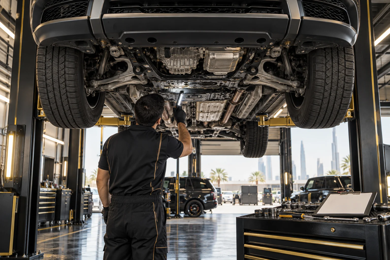 a full size luxury SUV on a two post lift seen from below, a gloved hand holding a torch on the subframe, oil pan and suspension, blank clipboard on a tool cart