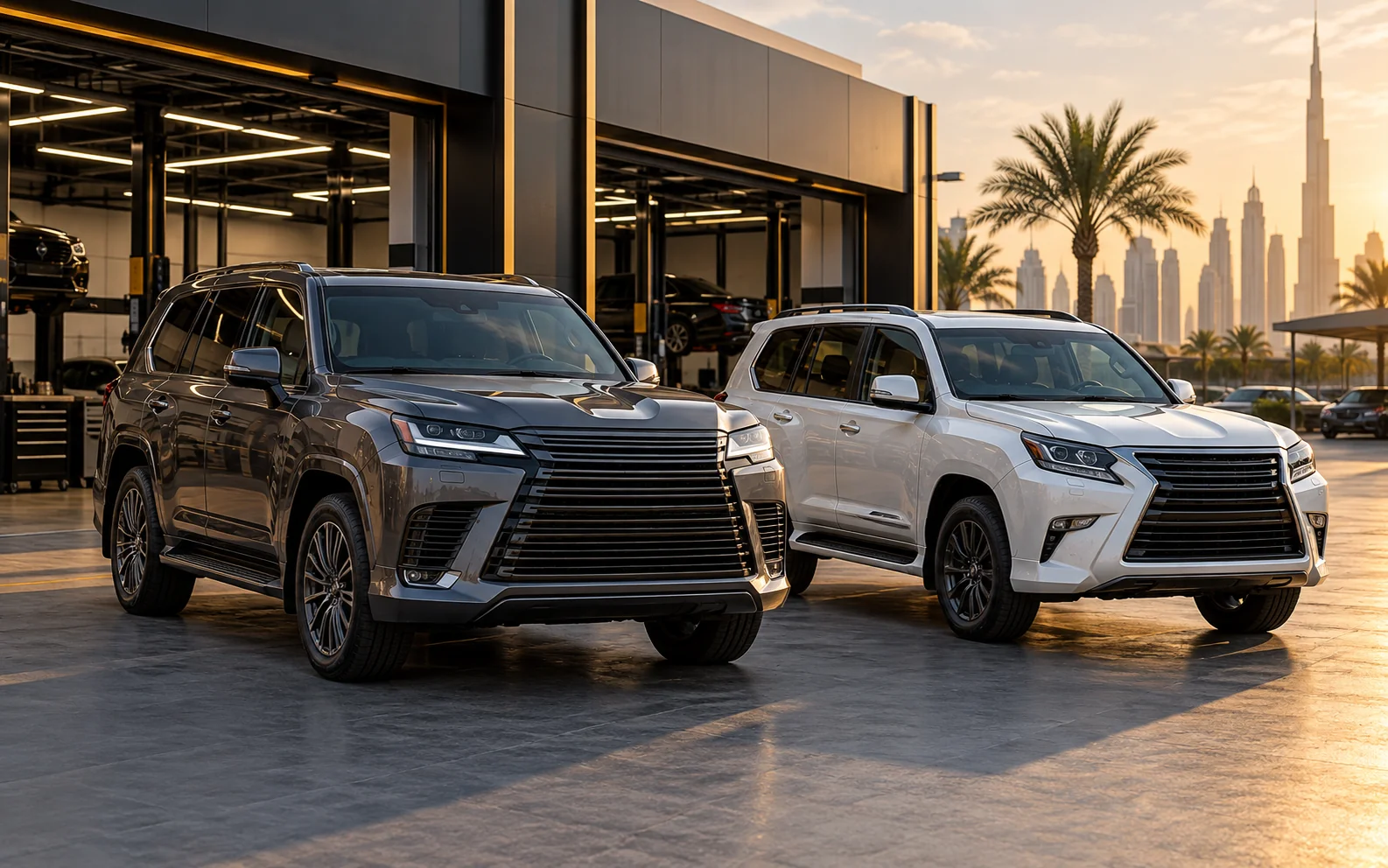 two luxury SUVs of different sizes (one dark grey, one white) side by side outside a modern workshop in late afternoon Dubai sun, palms faintly visible
