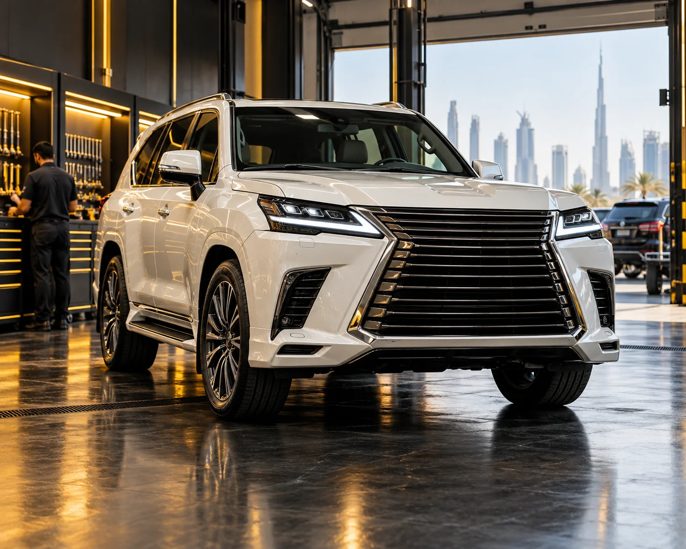 a large boxy modern full size luxury SUV with a big hourglass shaped grille (no badge), pearl white, three quarter front view, low angle, gold lit tool wall blurred behind, car centred