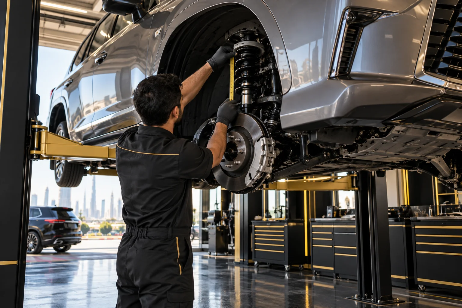Technician checking strut and ride height at a front wheel of an SUV on a lift