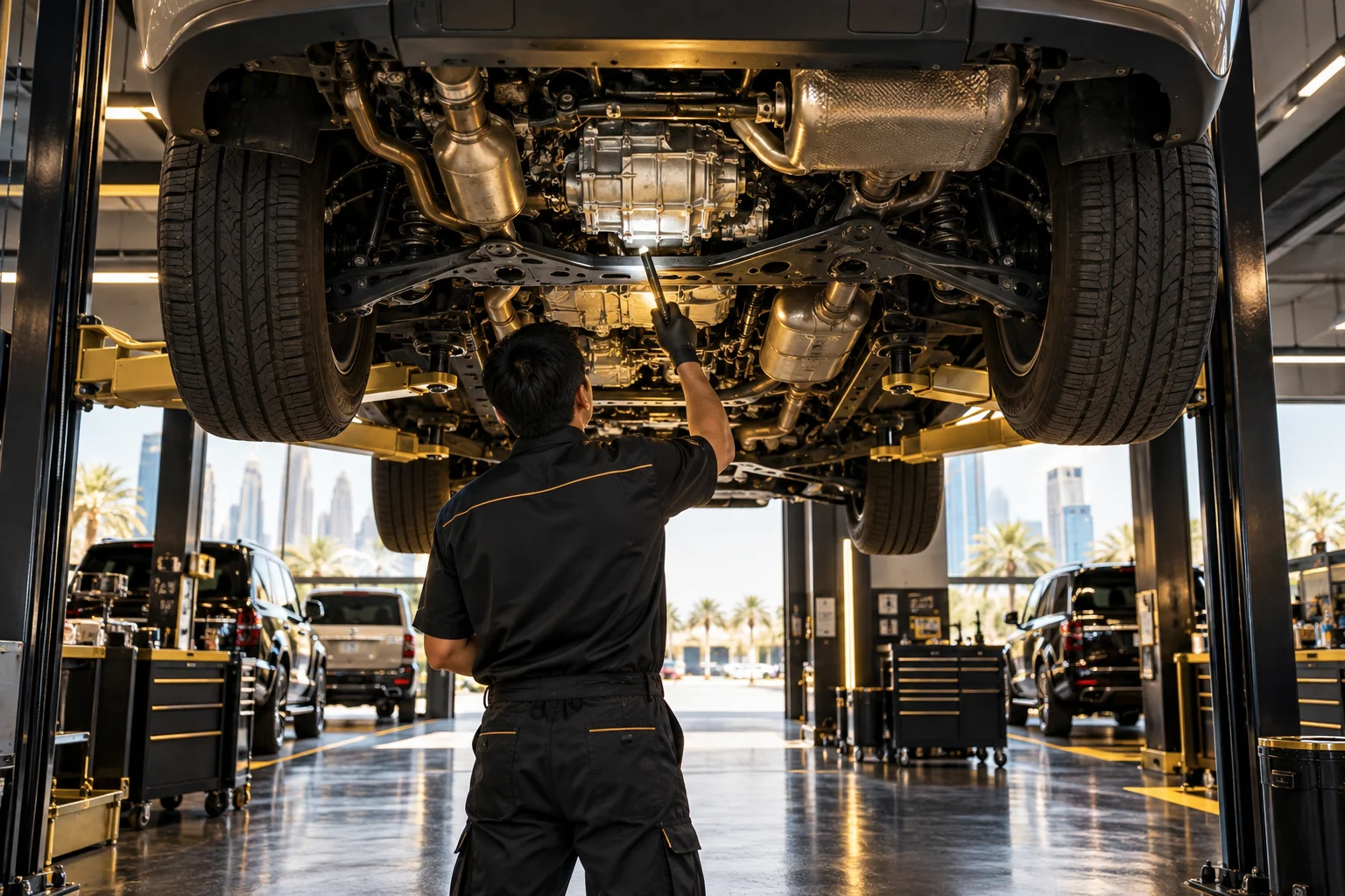underside of a luxury SUV on a lift, a technician's torch on the gearbox, exhaust and subframe, gold accent lighting