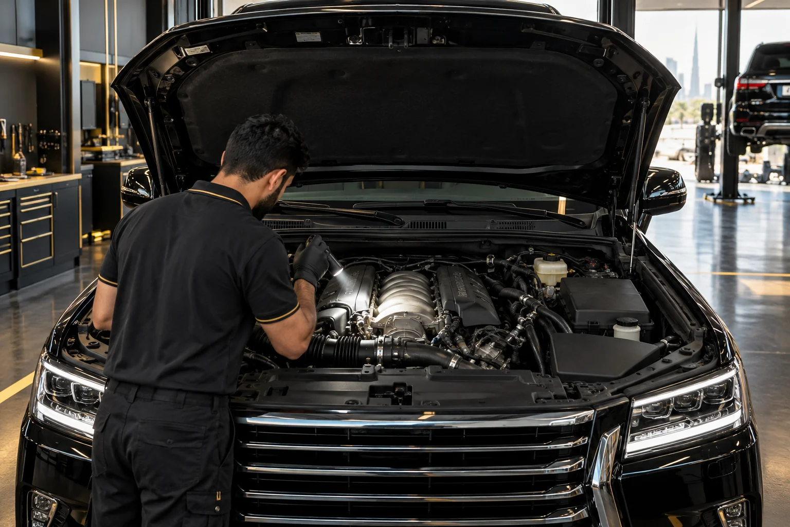 bonnet open on a large luxury SUV with a V8, a gloved hand holding a torch on the valley and cover gaskets, looking for seepage