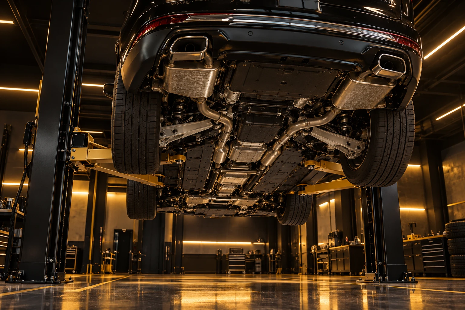 Lincoln Aviator raised on a lift showing its underbody