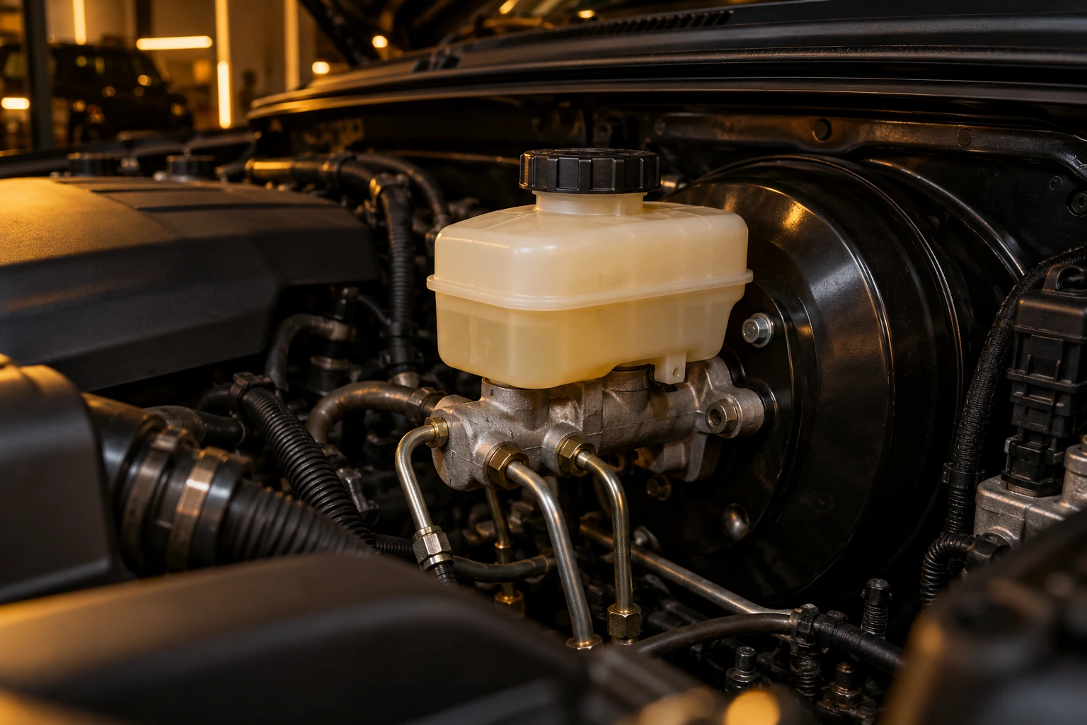 Brake fluid reservoir and master cylinder under a car bonnet