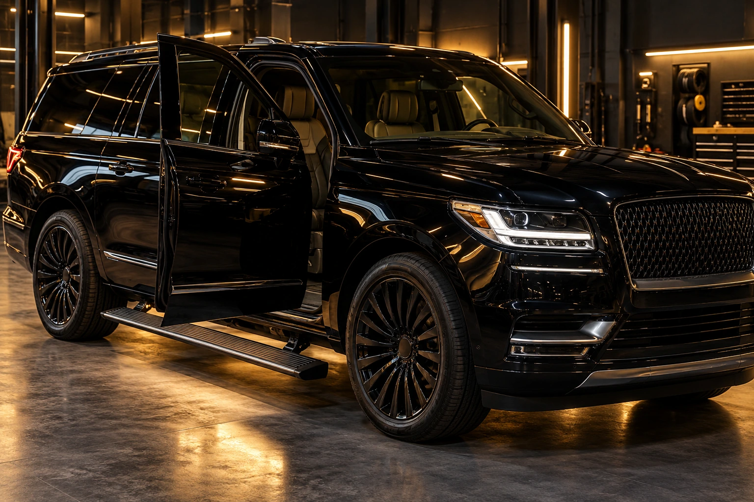 Lincoln Navigator with door open and running board deployed