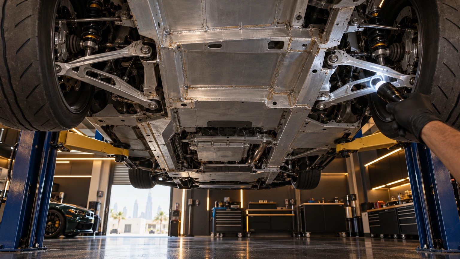 Lightweight sports car aluminium chassis and suspension inspection