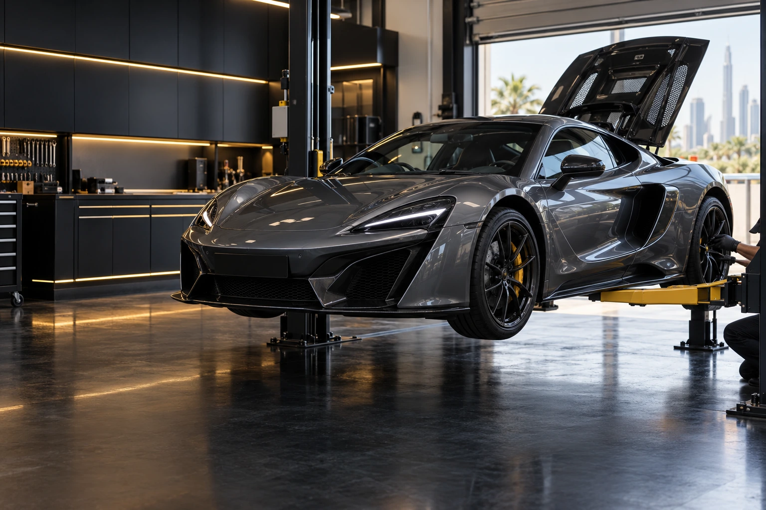 Generic mid engine British sports coupe on a Dubai workshop lift