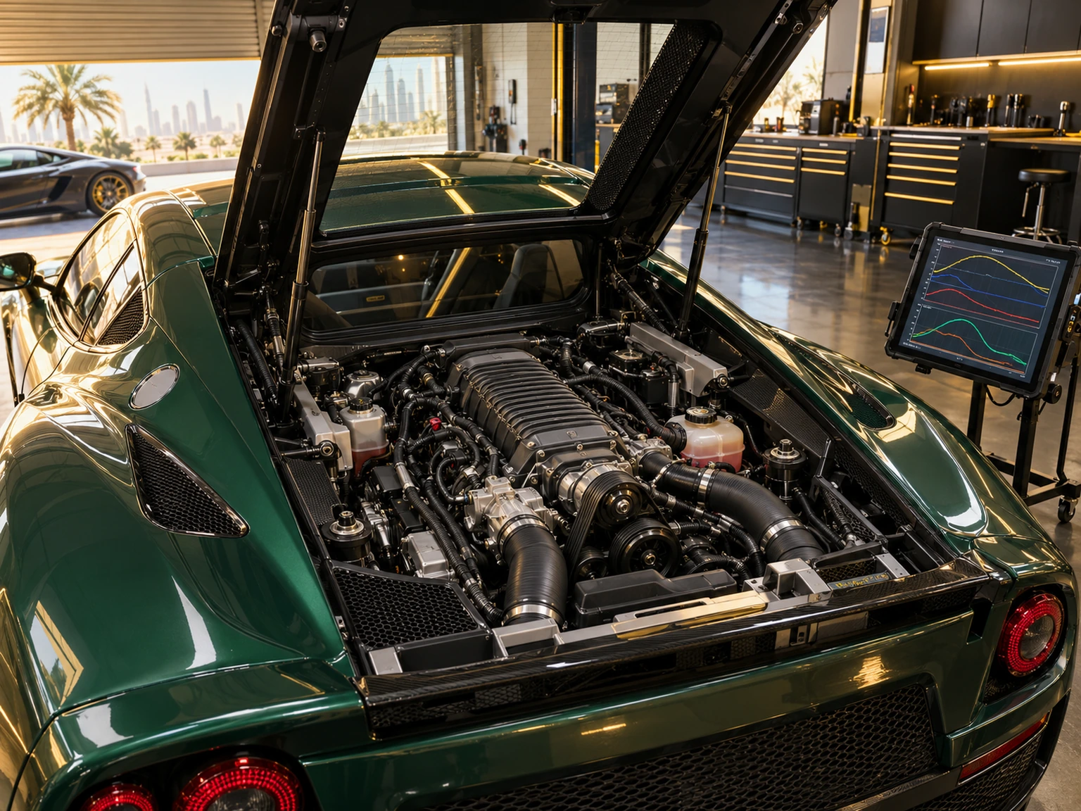 Supercharged V6 rear engine bay with diagnostic tablet