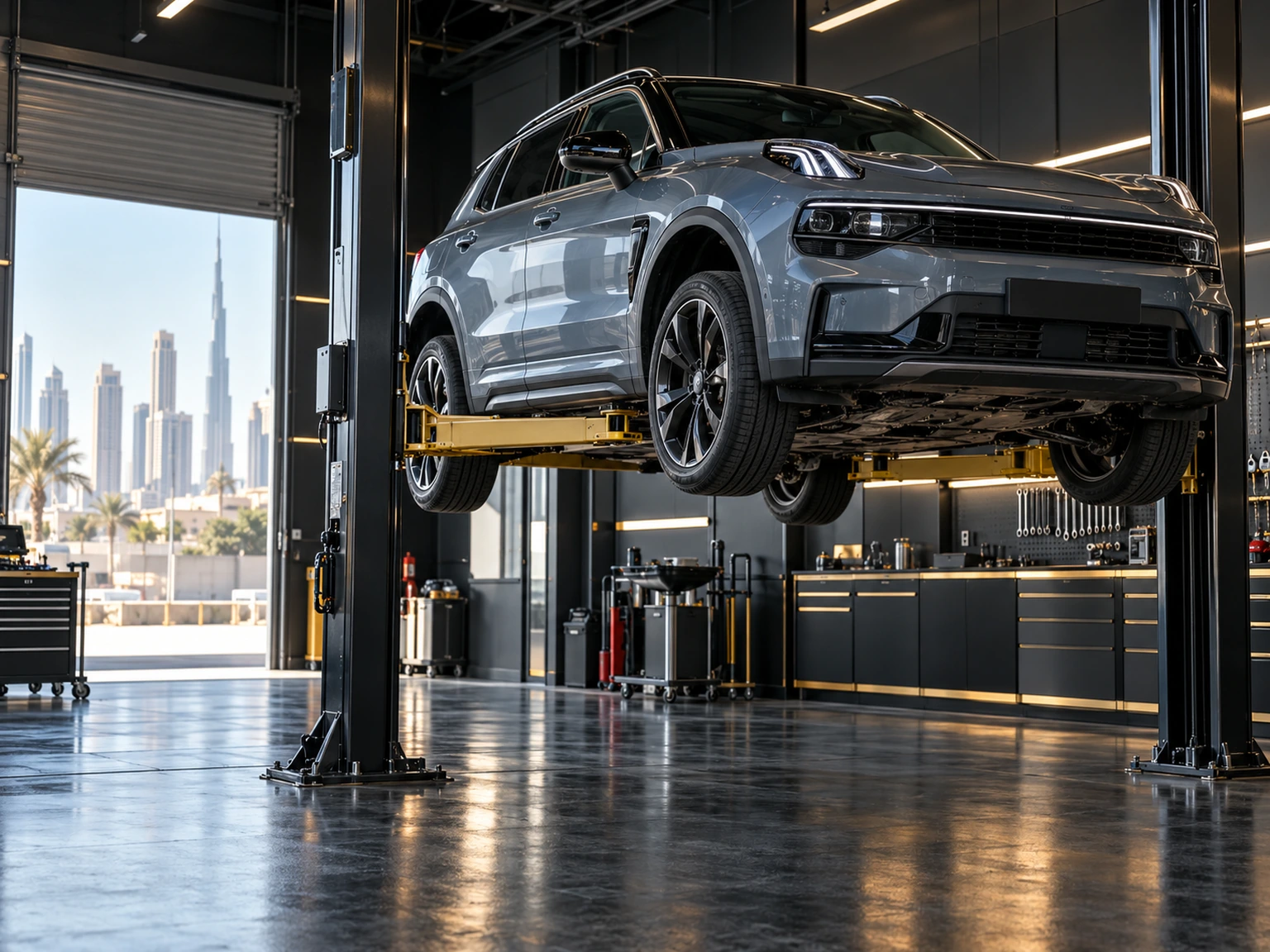 Compact crossover SUV on a two post workshop lift in Dubai