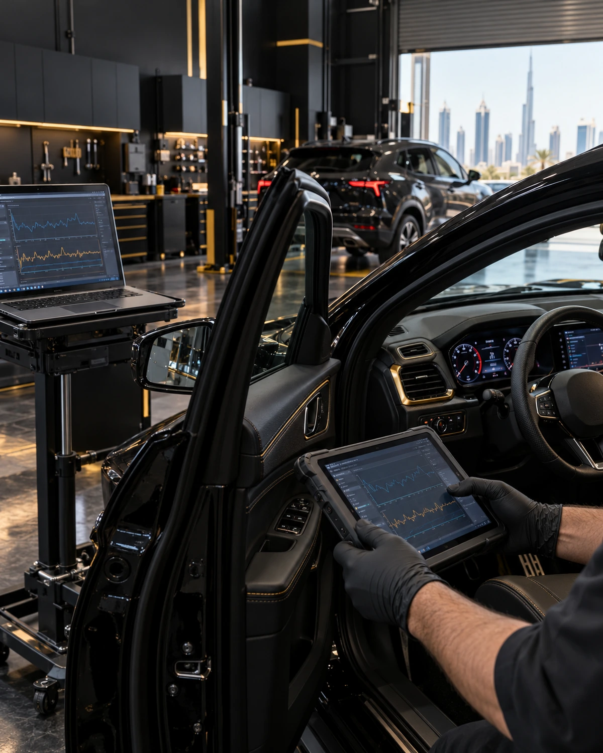 Diagnostic tablet and laptop beside an open SUV driver door