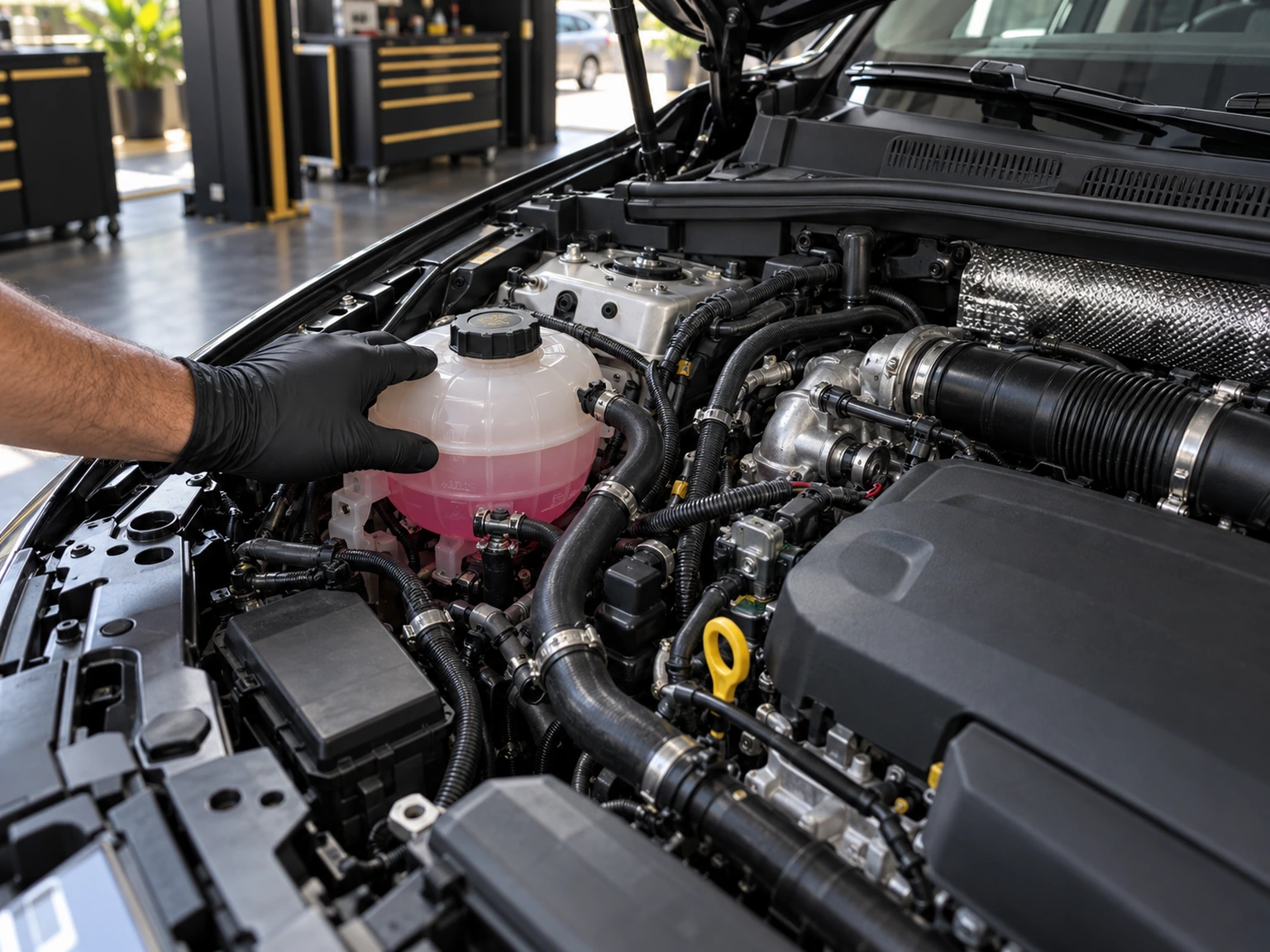 Gloved hand checking the coolant reservoir in a modern turbo petrol engine bay