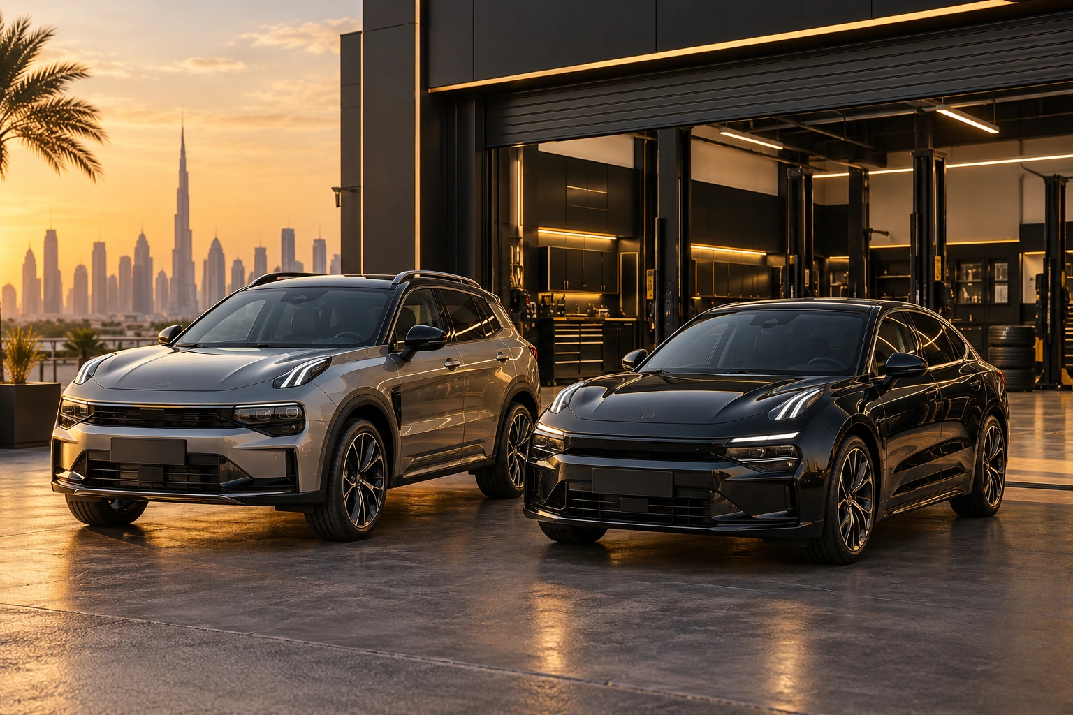 Compact SUV and sedan outside a black and gold Dubai workshop