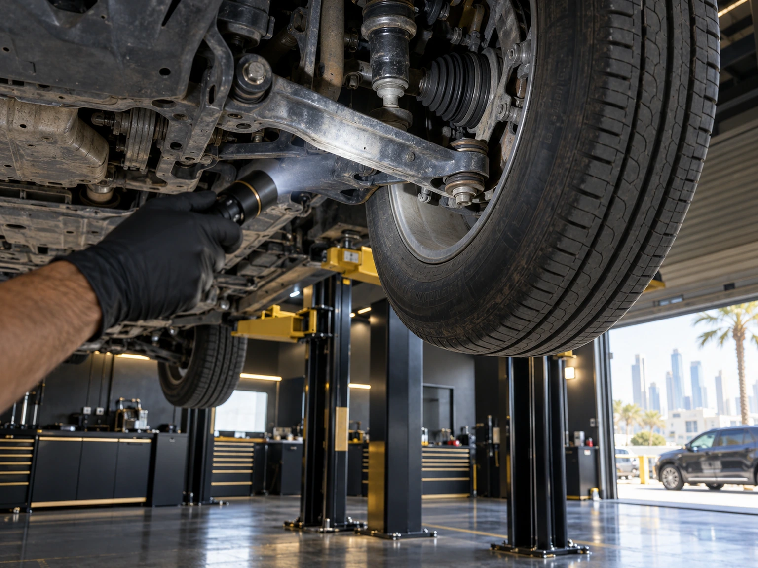 Used SUV suspension and inner tyre inspection with a torch