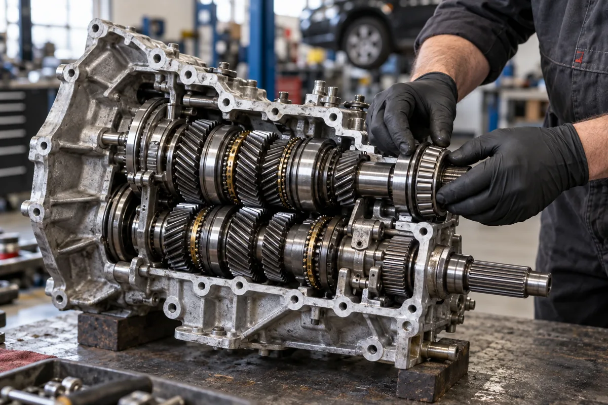 Manual gearbox gears and bearings being inspected