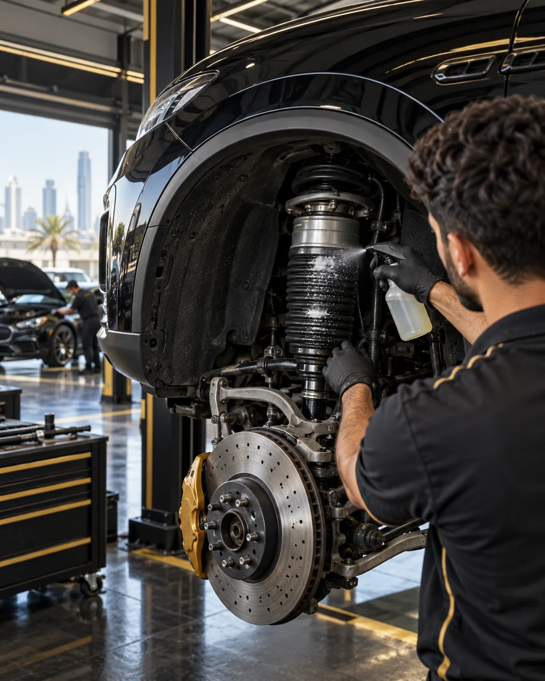 front wheel arch of a luxury SUV on a lift, wheel removed, gloved hands spraying leak detector on the air strut bellows