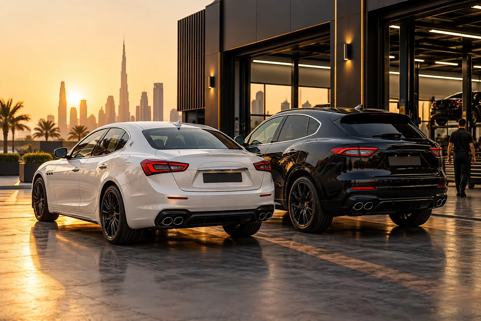 a white luxury sports saloon and a black luxury SUV side by side outside a modern workshop in golden hour light, rear three quarter view