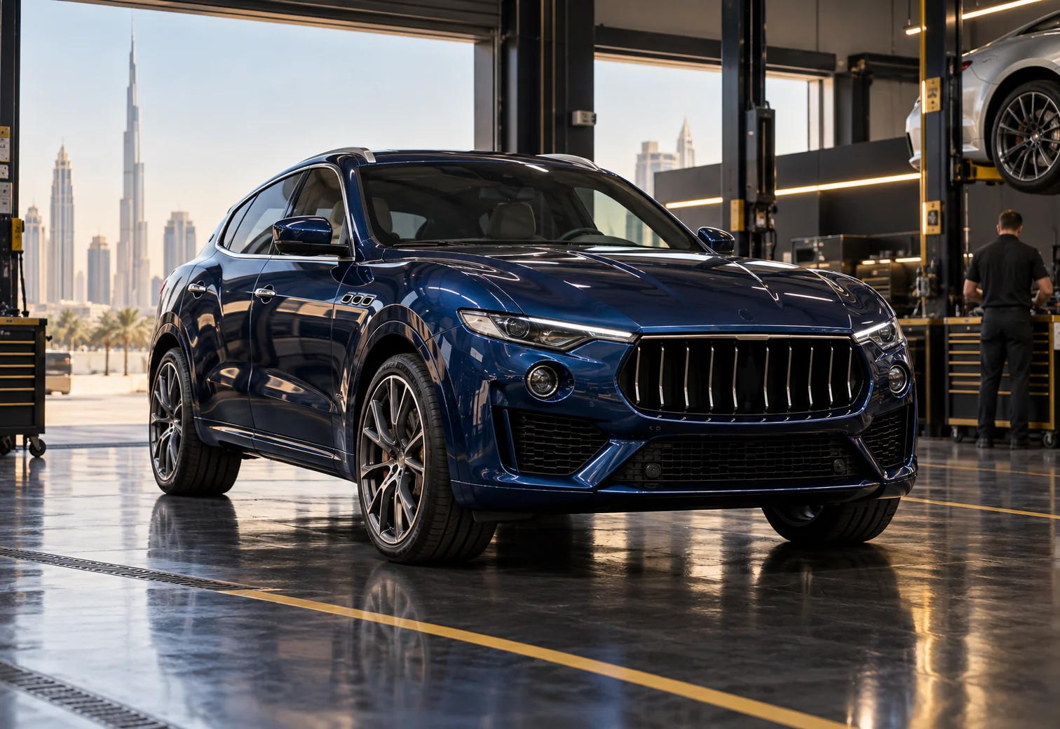 a sleek modern luxury SUV with a tall vertical bar grille and three side vents on each front wing (no badge), deep blue metallic, three quarter front view, low angle, car centred